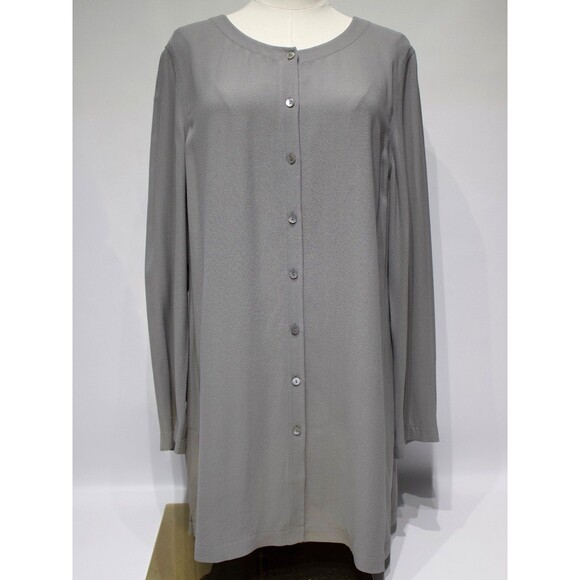 NWT Eileen Fisher Silk Long Sleeve Button Round Neck Tunic Long Icons Top Gray M - Picture 1 of 12